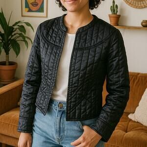 Vintage Black Quilted Satin Jacket No Closure Minimalist Size S